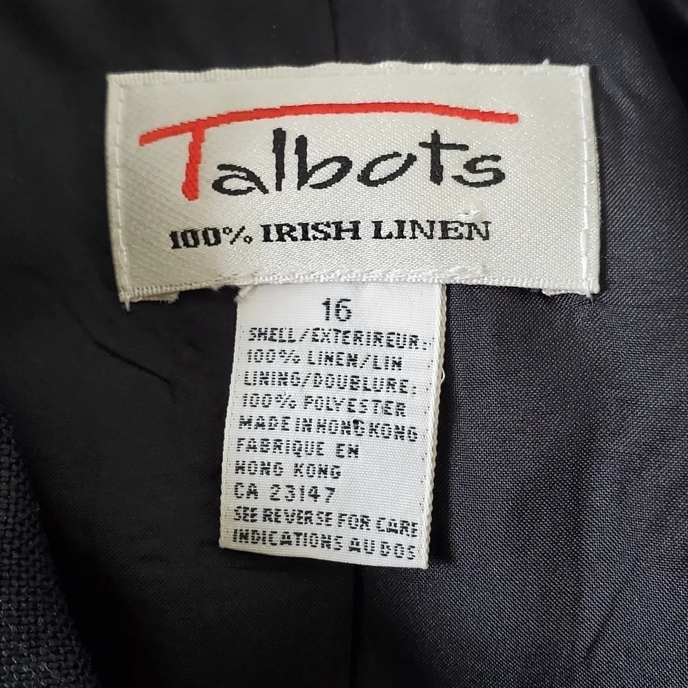 Talbots Irish Linen Black Jacket Size 16 Zip Up Long Sleeve Lined  Blazer Office